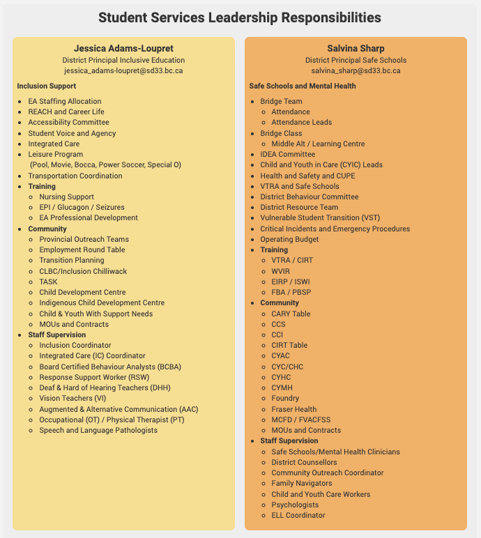 Student Services Leadership Responsibilities List